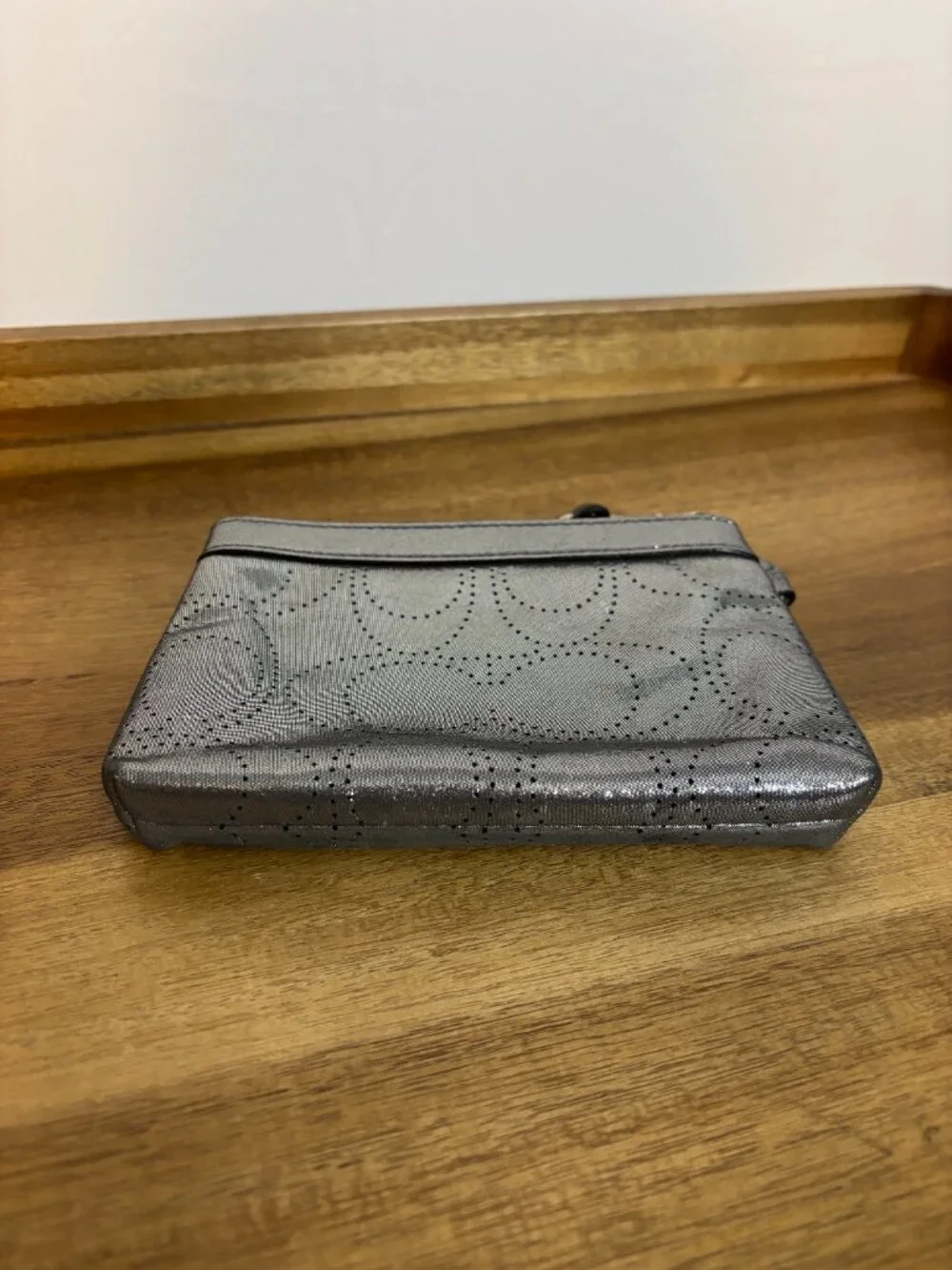 Coach Gunmetal Silver Metallic Perforated C Design Wristlet